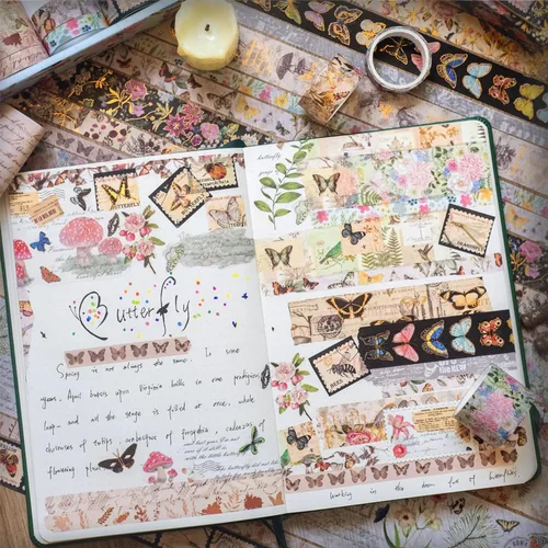 Miniatura 6 de Juego de 18 rollos de cinta washi con diseño de mariposa, de lámina dorada, para manualidades, manualidades, diarios, planificadores, álbumes