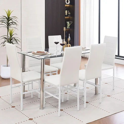 Miniatura 15 de Juego de mesa y silla de comedor de 7 piezas, juego de mesa de comedor para 6 mesas de cocina con 6 sillas, mesa rectangular de vidrio con 6 sillas