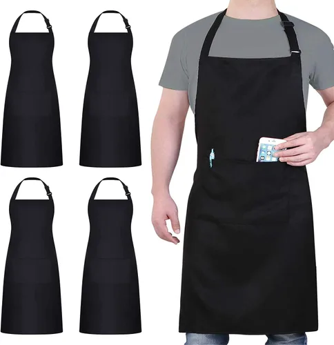 Miniatura 10 de Paquete de 4 delantales ajustables, delantal negro con 2 bolsillos, delantal lavable a máquina perfecto para cocinar, asar a la parrilla, lavar