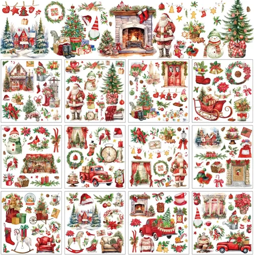 Miniatura 12 de BBTO 12 hojas de transferencia de Navidad para manualidades y muebles, calcomanías de transferencia de Navidad, calcomanías de invierno para madera