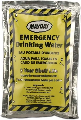 Miniatura 4 de Mayday, caja con bolsas de agua para emergencia (100 unidades). Preparación para casos de emergencia, supervivencia y viajes con mochila a cuestas.