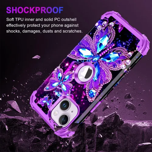 Miniatura 6 de Miqala Funda compatible con iPhone 14 Plus, que brilla en la oscuridad, tres capas, resistente, a prueba de golpes, de plástico duro, funda Amaranto