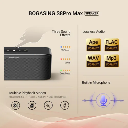 Miniatura 5 de BOGASING S8 Pro Max Altavoz Bluetooth, audio de 3 canales con sonido estéreo realista y graves intensos, ecualizador, tecnología DSP, tarjeta TF