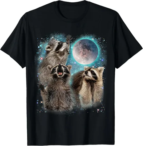 3 Racoon Moon Howling Raccoon Head - Camiseta divertida para hombres, mujeres, niños, Negro -