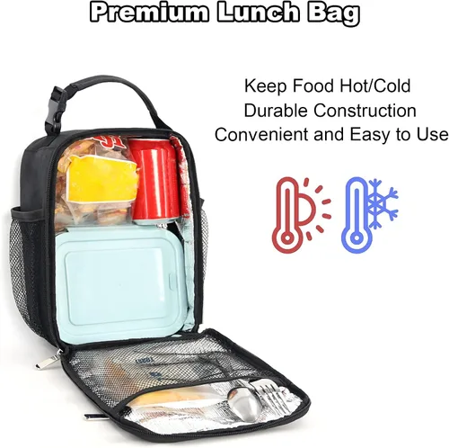 Miniatura 4 de Femuar Bolsa de almuerzo para hombres, mujeres y adultos, pequeña para oficina, trabajo, picnic, bolsa de almuerzo portátil reutilizable, color negro