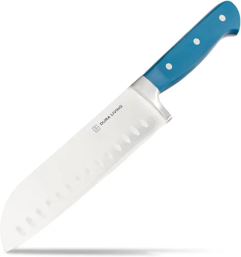 DURA LIVING Cuchillo Santoku de 7 pulgadas, hoja de acero inoxidable de alto carbono afilada, mango remachado ergonómico forjado, cuchillo de chef