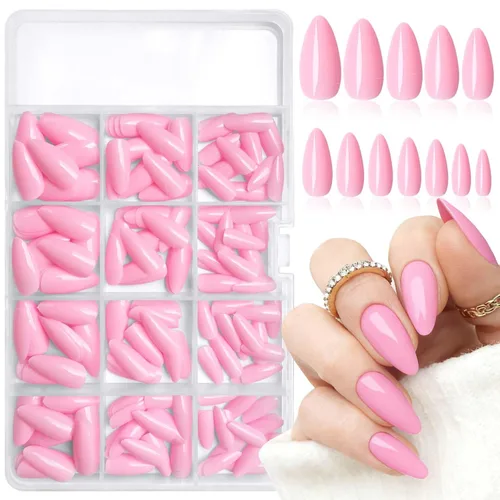 LoveOurHome 240 uñas postizas de almendra medianas a presión, color rosa, puntas de uñas falsas de cobertura total, uñas artificiales francesas