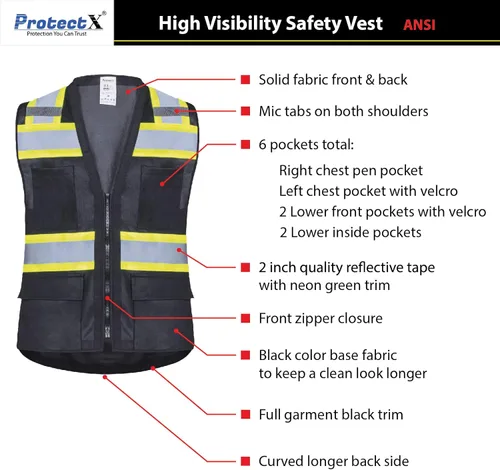 Miniatura 4 de ProtectX - Chaleco de seguridad de alta visibilidad con 6 bolsillos, clase 2 reflectante, de alta visibilidad, para hombres y mujeres, chaleco