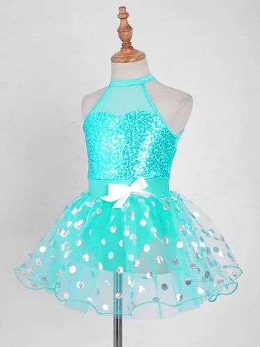 Miniatura 53 de CHICTRY Vestido tutú de ballet con lentejuelas brillantes para niñas y niñas, moderno disfraz de baile latino de jazz