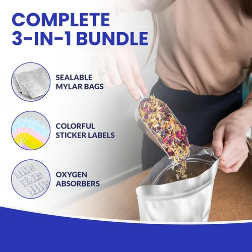 Miniatura 2 de 50 paquetes de bolsas de mylar de 14 mil con absorbentes de oxígeno, con refuerzo de 1 galón con 500 cc de OA - Bolsas resellables de mylar para 50