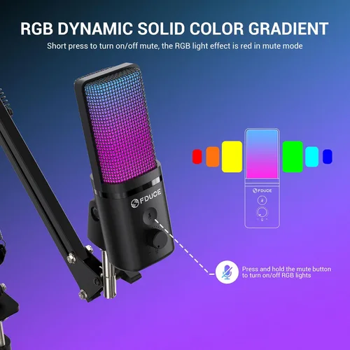 Miniatura 4 de FDUCE Micrófono USB para juegos RGB, micrófono condensador con silencio, ganancia, monitoreo, brazo de boom para transmisión, podcast, Twitch