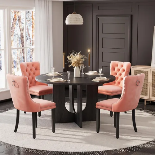 Miniatura 8 de Mesa de comedor redonda de 47 pulgadas para juego de mesa de cocina rústica de 6,7 piezas, mesa de comedor de granja, sillas negras de alta gama