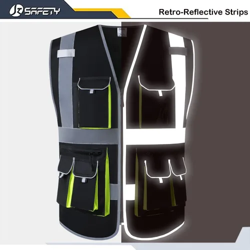 Miniatura 3 de JKSafety Chaleco de seguridad de color negro con 10 bolsillos, cremallera frontal, con tiras altamente reflectantes, cumple con las normas ANSI/ISEA