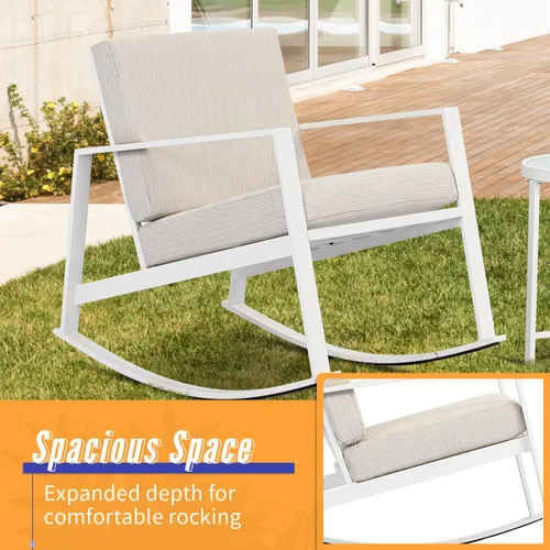 Miniatura 5 de AQUILLA Juego de 3 mecedoras de patio para exteriores, muebles de exterior con marco de metal, mesa redonda de vidrio templado, cojines gruesos