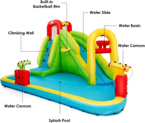 Miniatura 6 de BOUNTECH - Juego inflable 7 en 1, con tobogán acuático, pared de escalada, cañones de agua, aro de baloncesto, alberca poco profunda, incluye bolsa