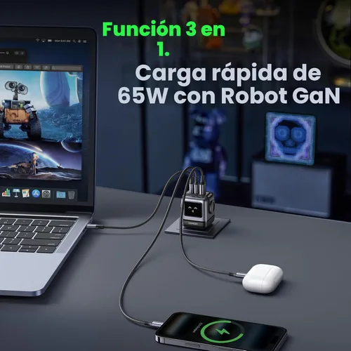 Miniatura 9 de UGREEN Uno - Bloque de cargador USB C de 65 W, Nexode 3 puertos GaN cargador rápido con pantalla, divertidos regalos de robot para hombres y Negro
