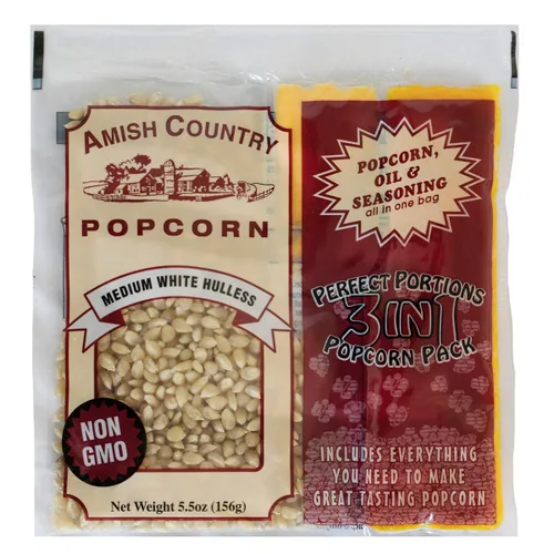 Amish Country Popcorn Paquetes de palomitas de maíz de grano blanco mediano todo en uno, medidos previamente para máquinas de palomitas de maíz e