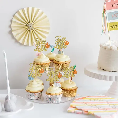 Miniatura 6 de Rsstarxi Paquete de 24 adornos para cupcakes con hojas de otoño, día de Acción de Gracias, palillos de dientes, despedida de soltera, decoración