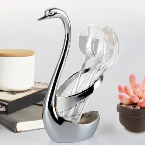 Miniatura 2 de Soporte de cuchara de café Swan, soporte creativo de cuchara de acero inoxidable, tenedor de comida de frutas, cuchara, cuchillo, base de cisne