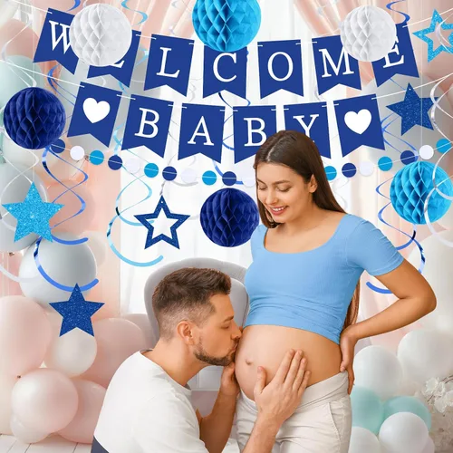 Miniatura 4 de WinnerWhy 25 piezas de decoración de baby shower para niño, pancarta azul de bienvenida para bebé con estrellas con purpurina, remolinos colgantes