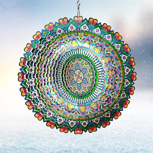 Miniatura 13 de Mandala Blossom Wind Spinner - Molinillos de Viento de Metal Escultura de Viento Colgante Cinética 3D de 12 pulgadas Cortada con Láser