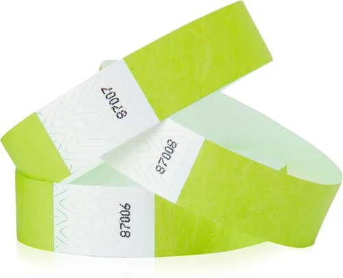 Miniatura 16 de 500 pulseras Tyvek verde neón para eventos, diseño a prueba de manipulaciones y color fluorescente que evitan la reutilización, pulseras de grado
