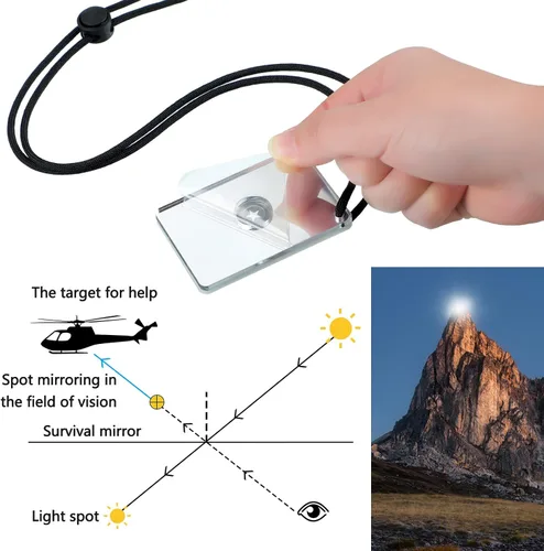 Miniatura 2 de Espejo de señal de 2 piezas de supervivencia para campamento, 2 x 3 pulgadas, silbato de rescate PFD con 2 mini brújulas para senderismo, camping