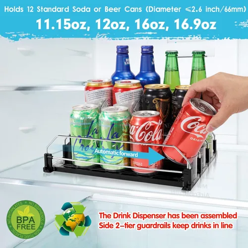 Miniatura 2 de Dispensador de bebidas para refrigerador, organizador de latas de soda autoempujable para refrigerador, 3 filas han sido montadas, organizador