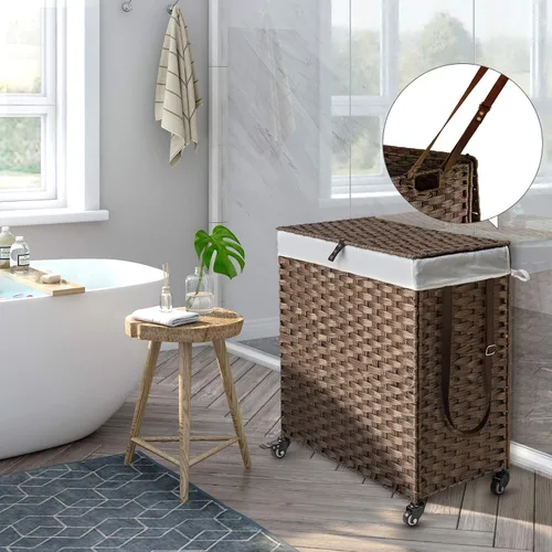 Miniatura 11 de GREENSTELL Cesta para ropa sucia con ruedas y tapa, 130 L, cesta grande de 3 secciones con 2 tipos de bolsas de forro extraíbles, 5 bolsas de malla