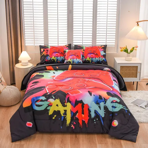 Miniatura 8 de Aimuan - Juego de ropa de cama para jugadores, conjuntos de edredón 3D con mando de juego para niños, botones de acción, controlador de juego Negro