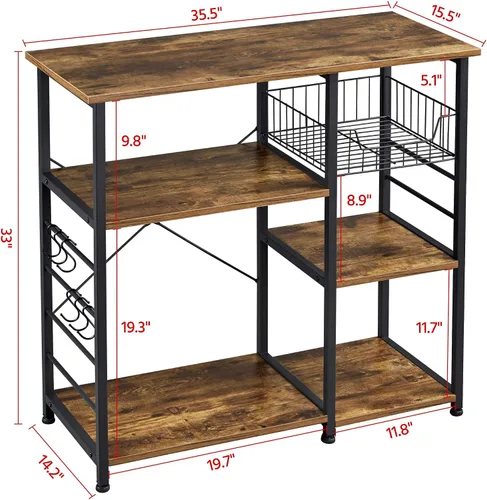 Miniatura 3 de Topeakmart Estante de cocina de 3 niveles para horno de microondas, carrito de almacenamiento, estación de trabajo, estante rústico marrón