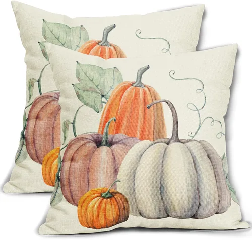 Juego de 2 fundas de almohada de calabaza de otoño de 16 x 16 pulgadas, color gris, naranja, blanco, otoño, cosecha, decorativas, para exteriores,