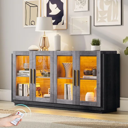 Miniatura 10 de AMERLIFE Aparador Buffet Gabinete, Gabinete de Acento de Color Mixto con Luces LED, Gabinetes de Almacenamiento Modernos con Puertas de Vidrio