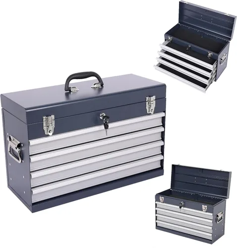 Miniatura 10 de Caja de herramientas de metal de 4 cajones, caja de herramientas portátil de acero con cierre de pestillo de metal y bloqueo de llave, bandeja