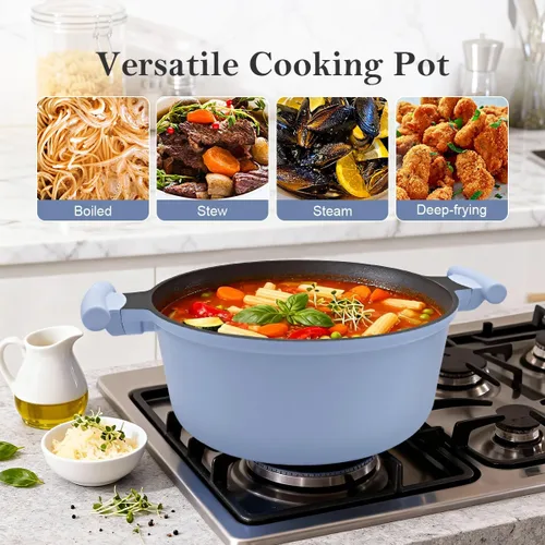 Miniatura 5 de Olla de horno holandés ligera de 4.5 cuartos de galón con tapa, horno holandés de aluminio antiadherente, olla de cocina para estofados y freír