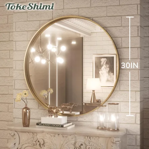 Miniatura 8 de TokeShimi Espejo redondo dorado cepillado de 30 pulgadas, espejo redondo dorado para tocador y baño con marco de aluminio mate de metal moderno, Oro