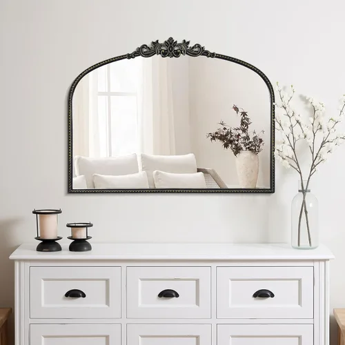 Miniatura 4 de WallBeyond Espejo vintage negro para tocador de 32x24 pulgadas, espejo negro antiguo con marco ornamentado, pared vintage arqueada para baño, sala