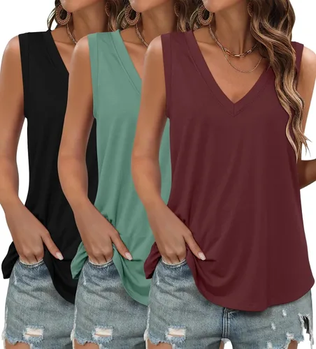Miniatura 2 de KKJ Paquete de 3 camisetas sin mangas para mujer 2026 primavera verano vacaciones trajes cuello en V suelta sin mangas blusa casual camisas ropa