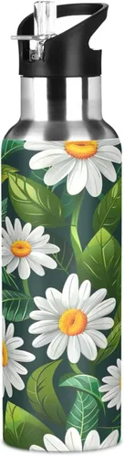 Miniatura 8 de BPA-Free Sports Water Bottle 32 Oz, Insulated Stainless Steel Water Bottle with Straw for Gym Outdoor Travel School, White Daisy Flowers Green Leaves