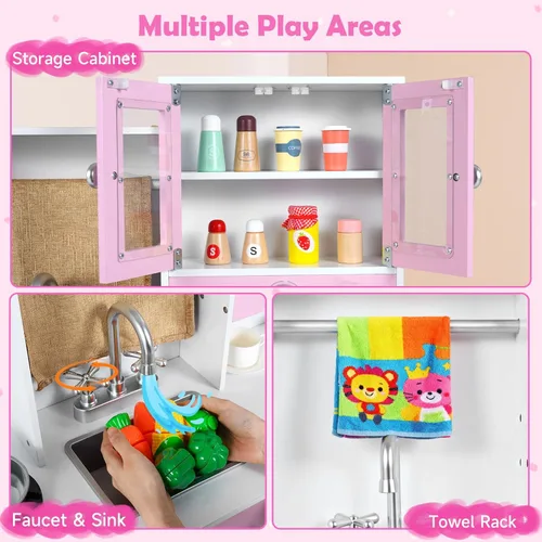 Miniatura 3 de INFANS Juego de cocina para niños, cocina de madera con luces realistas, sonidos, cafetera, lavavajillas, microondas, horno, cajones de tela Rosa
