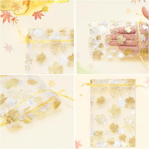Miniatura 3 de Whaline 100 bolsas de organza de otoño con cordón de hojas de arce doradas, bolsas de regalo de joyería de Acción de Gracias, bolsa de regalo