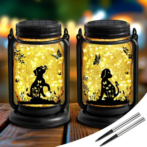 Paquete de 2 faroles solares para perros 3 en 1 impermeables para exteriores, regalos de cumpleaños para amantes de los perros, mujeres, mamá,