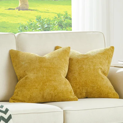 Juego de 2 fundas de almohada pequeñas de color amarillo mostaza de 16 x 16 pulgadas, lujosas fundas de almohada de felpilla decorativas cuadradas