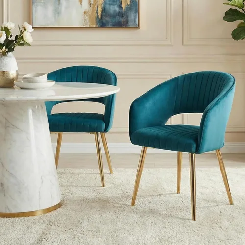 Miniatura 26 de Juego de 2 sillas de comedor modernas, tapizadas de piel sintética dorada con respaldo hueco, sillas de cocina con reposabrazos decorativos