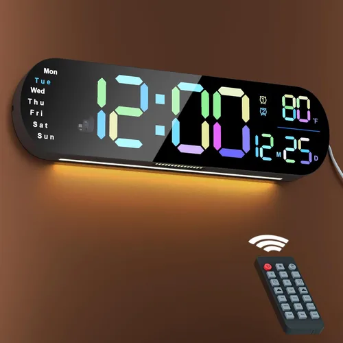 Miniatura 9 de Relojes de pared grandes de 13.7 pulgadas, reloj de pared de cocina con control remoto, luz nocturna RGB, atenuación automática de brillo, doble