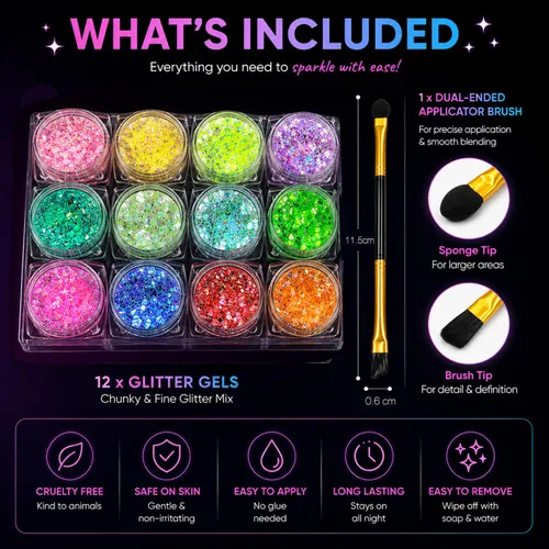 Miniatura 8 de 12 colores de gel con purpurina que brilla en la oscuridad, reactiva a la luz negra UV, para rostro y cuerpo, no necesita pegamento, grado cosmético