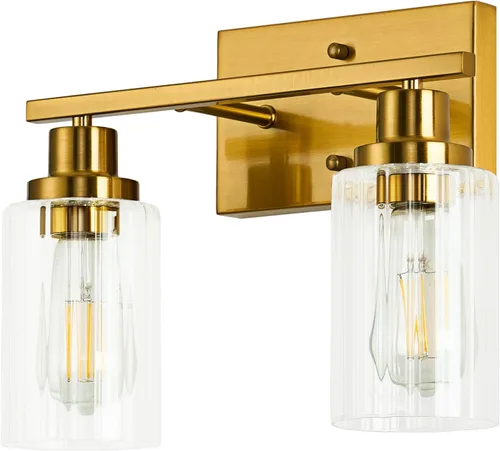 Miniatura 9 de Jonsi Accesorios de iluminación de baño dorados, 2 luces de tocador de oro cepillado con pantalla de vidrio estriada, luces modernas sobre espejo