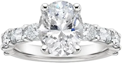 IGI - Anillo de compromiso de diamante de 4.0 quilates con cuatro puntas de corte ovalado blanco con diamantes de laboratorio ovalados laterales y
