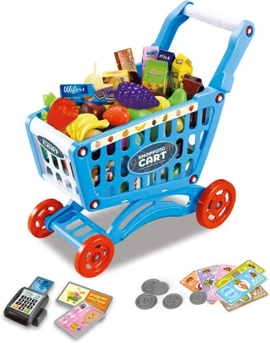 RedCrab Carrito de compras para niños, juguete de supermercado, 54 piezas, incluye carrito de comestibles, tarjeta de crédito, frutas y verduras,