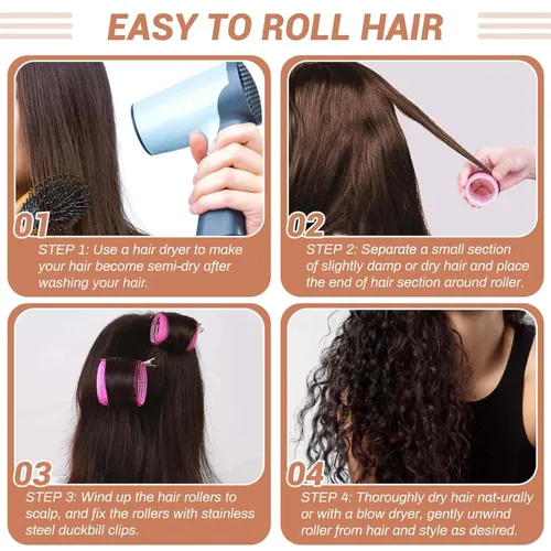Miniatura 6 de Juego de rulos de cabello de autoagarre, 24 piezas con 3 tamaños (4 jumbo, 4 grandes, 4 medianos) y 12 clips para volumen en cabello largo, corto